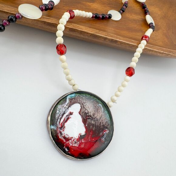 Vintage Handmade Enamel Sterling Silver Artisan Mother of Pearl Bead Necklace - Picture 2 of 14